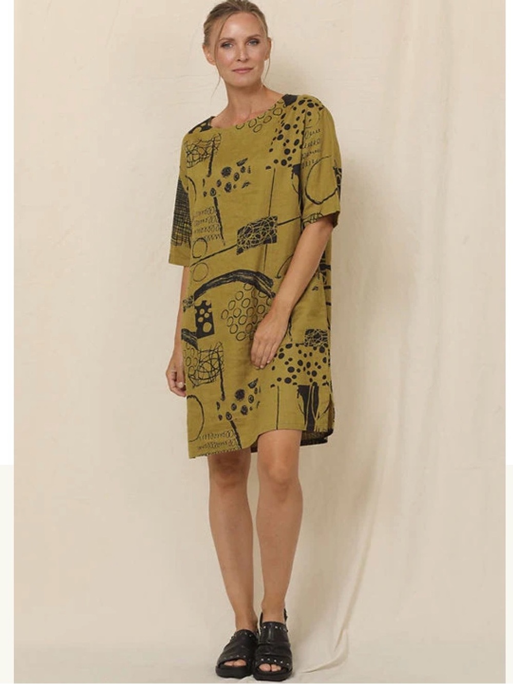 Chalet Et Ceci Tomasa 100% Linen Tunic Lagenlook Art To Wear Dress in Leaf XL
